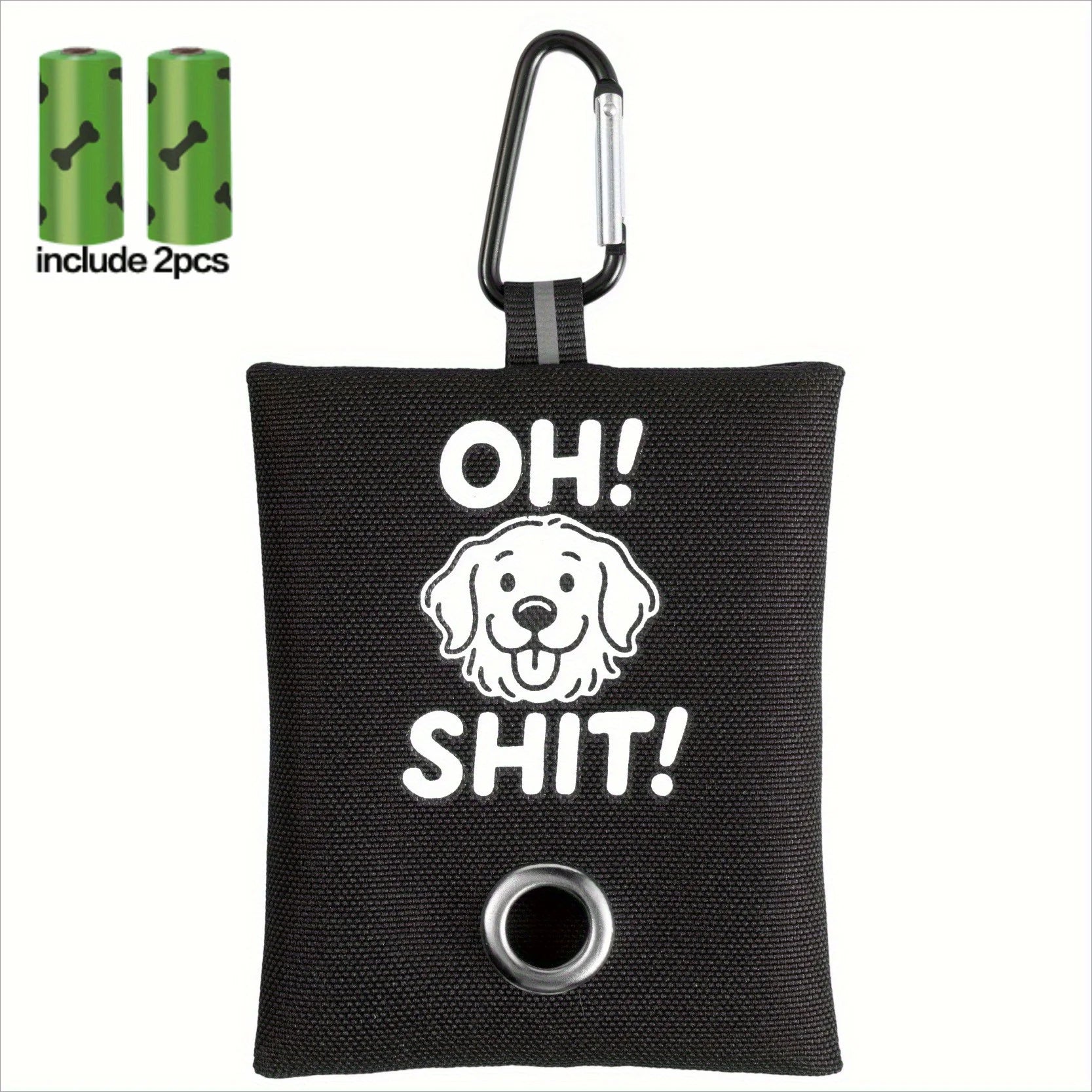 1pc Funny Dog Poop Bag Holder With 2 Bags OH SHIT Design Metal Clip Leash Waste Dispenser Hands Free Durable Oxford Fabric