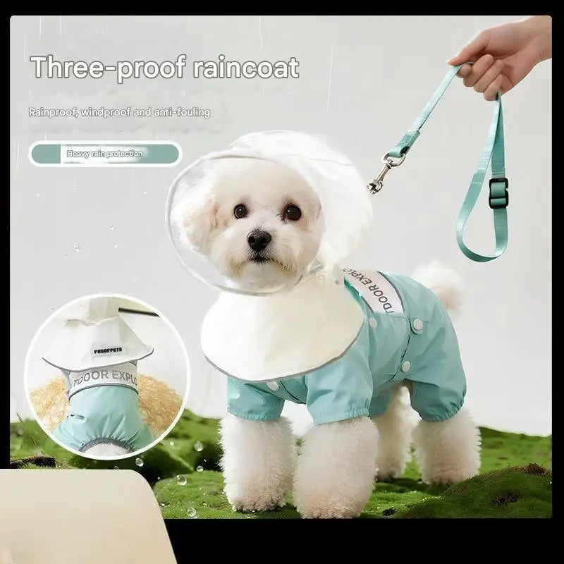 Dog Raincoat Waterproof Full Coverage Reflective, 4-Leg Design with Leash Hole. Sizes XS-XL for Small Dogs 2-15kg. Outdoor Use