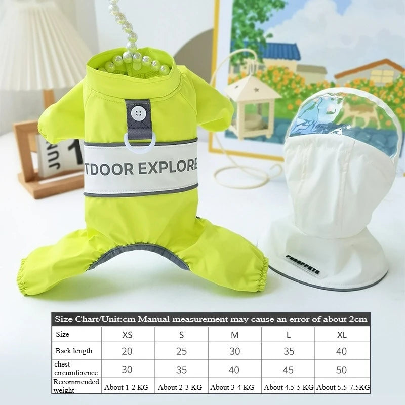Dog Raincoat Waterproof Full Coverage Reflective, 4-Leg Design with Leash Hole. Sizes XS-XL for Small Dogs 2-15kg. Outdoor Use