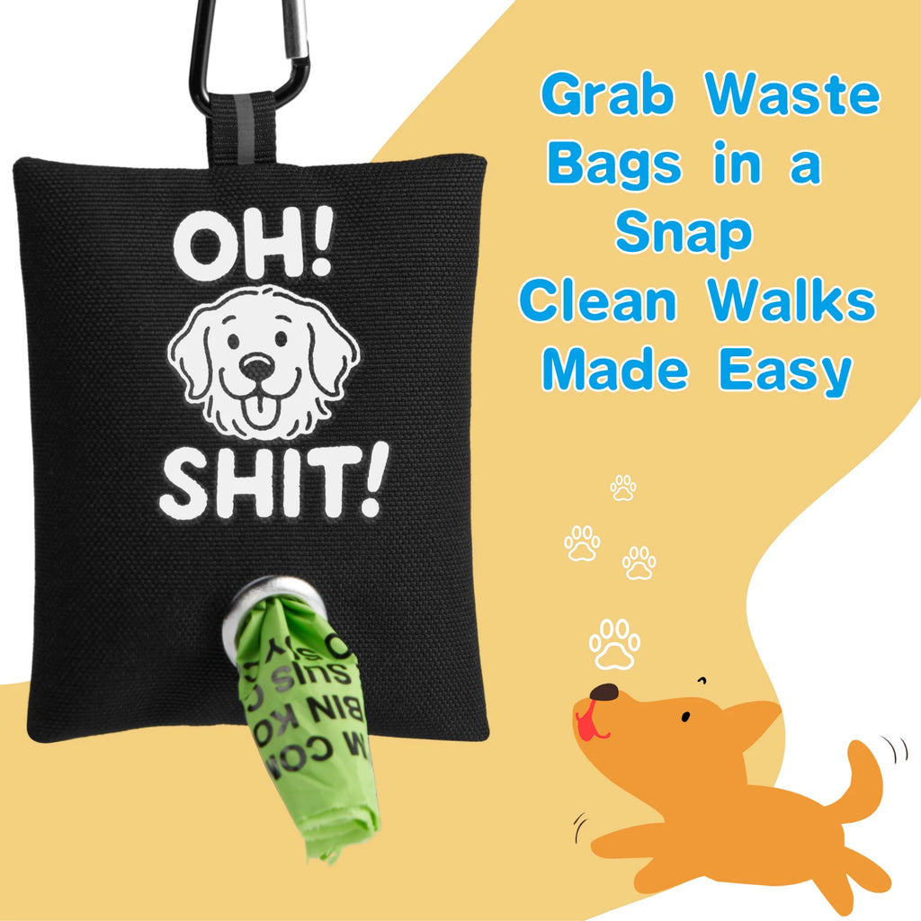 1pc Funny Dog Poop Bag Holder With 2 Bags OH SHIT Design Metal Clip Leash Waste Dispenser Hands Free Durable Oxford Fabric