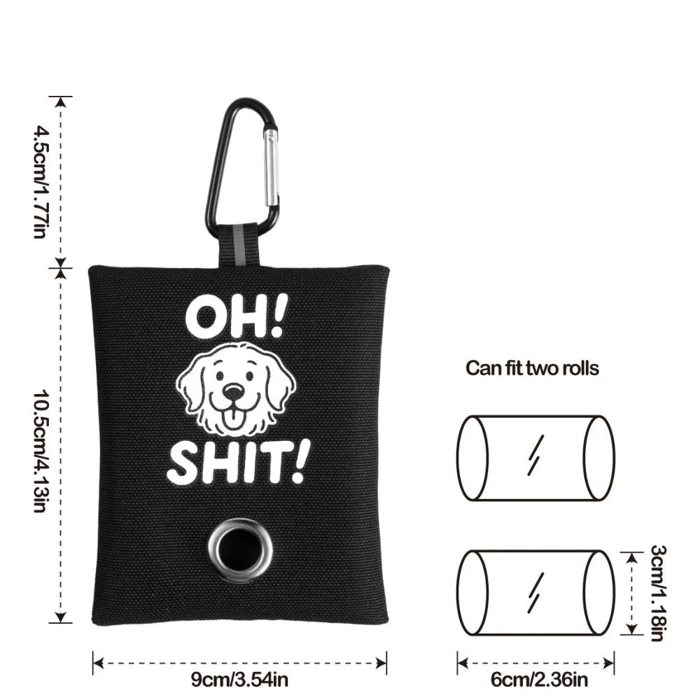 1pc Funny Dog Poop Bag Holder With 2 Bags OH SHIT Design Metal Clip Leash Waste Dispenser Hands Free Durable Oxford Fabric