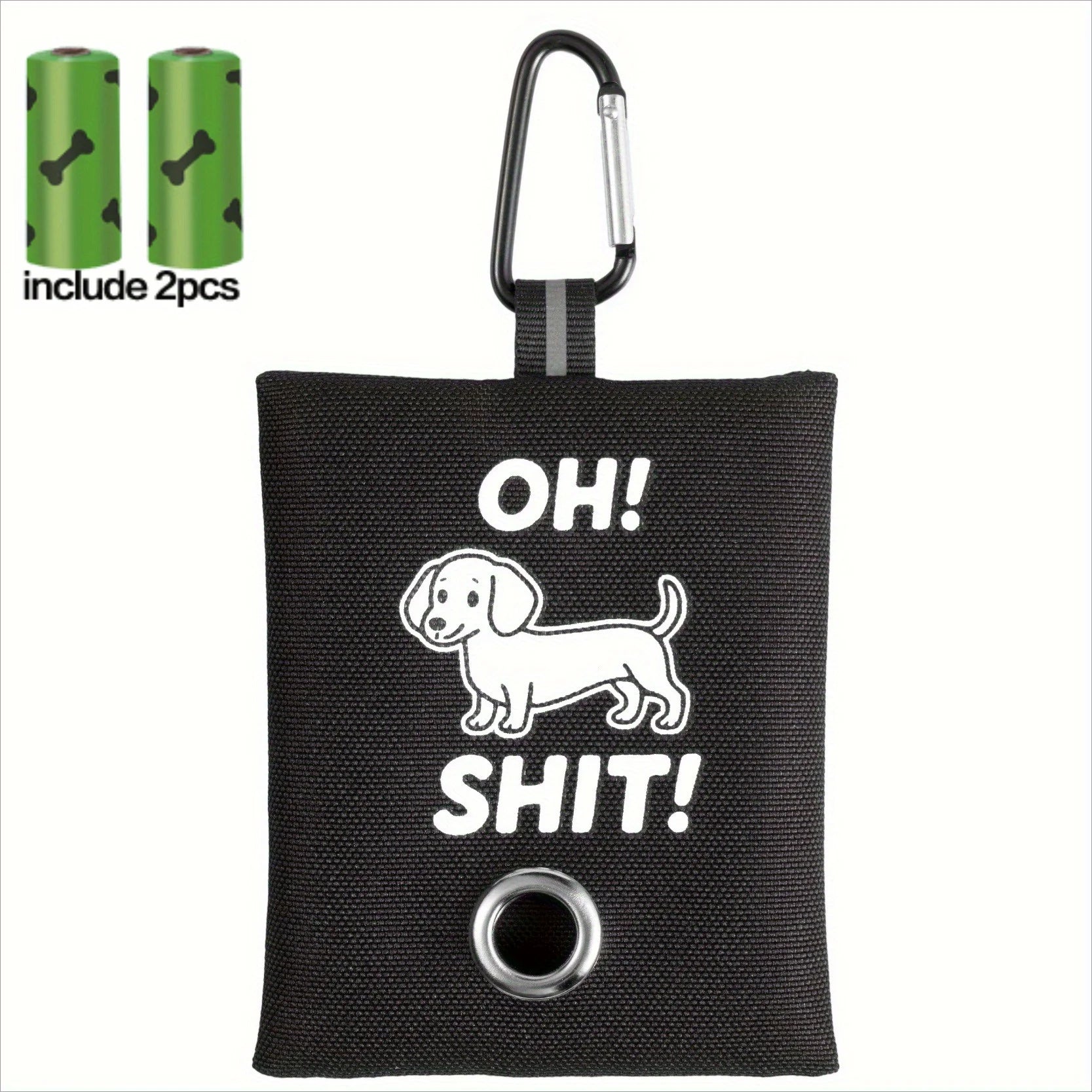 1pc Funny Dog Poop Bag Holder With 2 Bags OH SHIT Design Metal Clip Leash Waste Dispenser Hands Free Durable Oxford Fabric