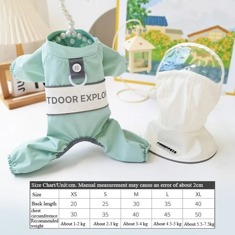 Dog Raincoat Waterproof Full Coverage Reflective, 4-Leg Design with Leash Hole. Sizes XS-XL for Small Dogs 2-15kg. Outdoor Use