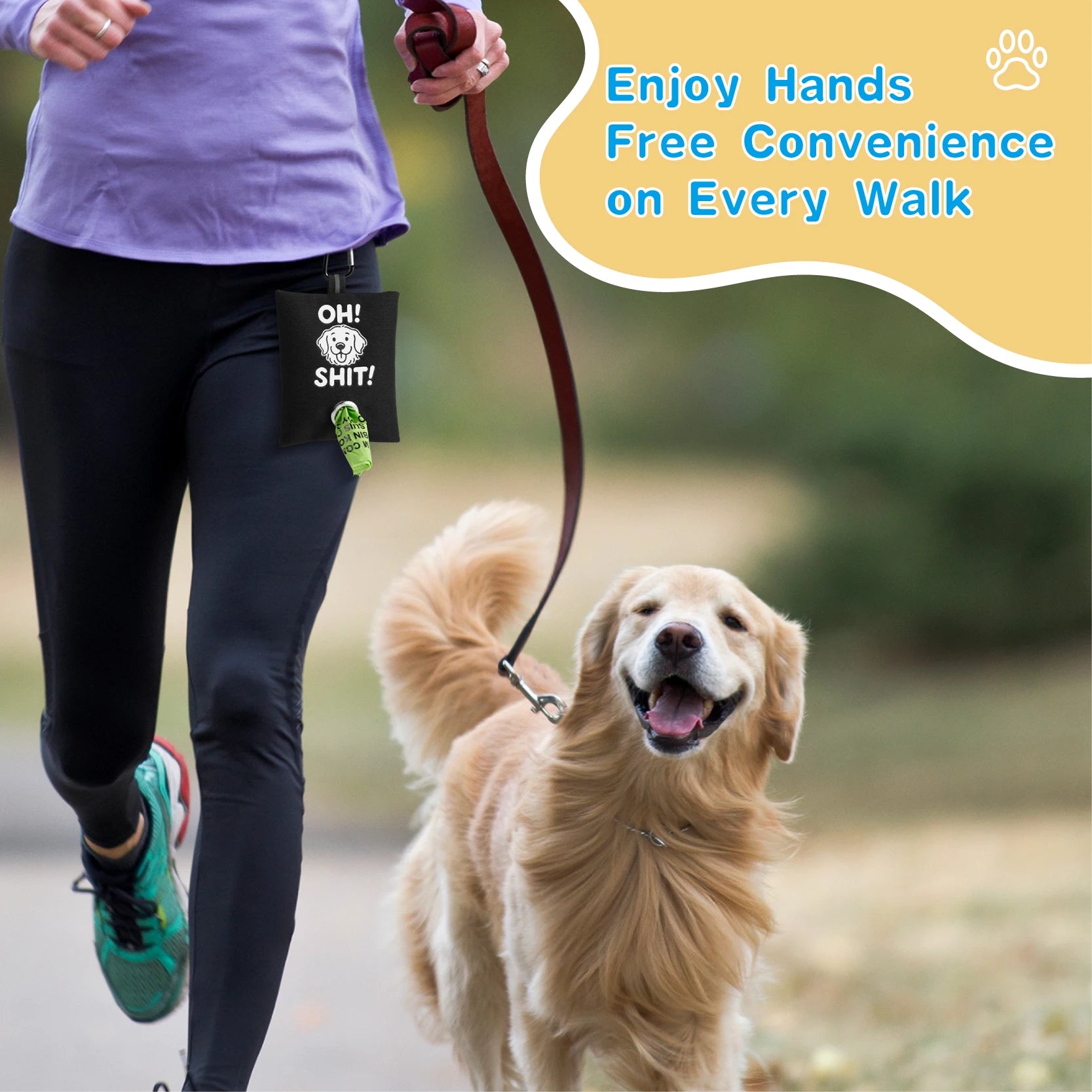 1pc Funny Dog Poop Bag Holder With 2 Bags OH SHIT Design Metal Clip Leash Waste Dispenser Hands Free Durable Oxford Fabric