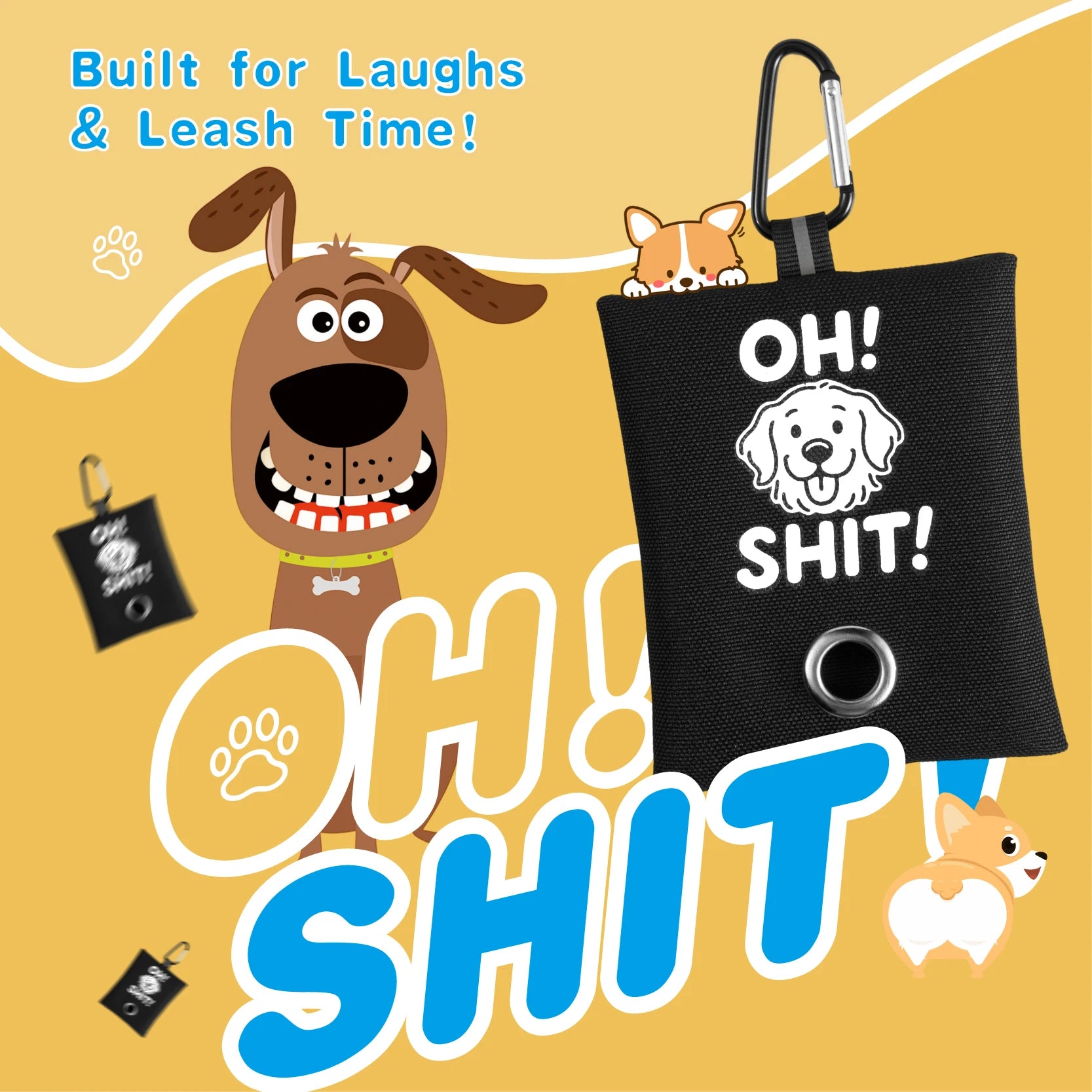 1pc Funny Dog Poop Bag Holder With 2 Bags OH SHIT Design Metal Clip Leash Waste Dispenser Hands Free Durable Oxford Fabric