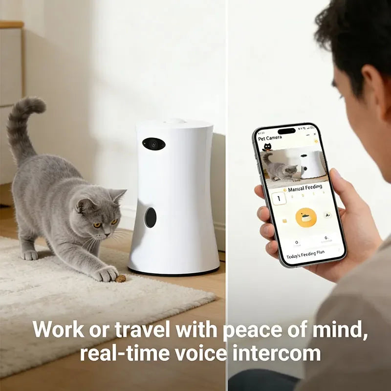 WiFi dog food feeder with camera, multi-functional cat food dispenser, app controlled, smart automatic dog food feeder