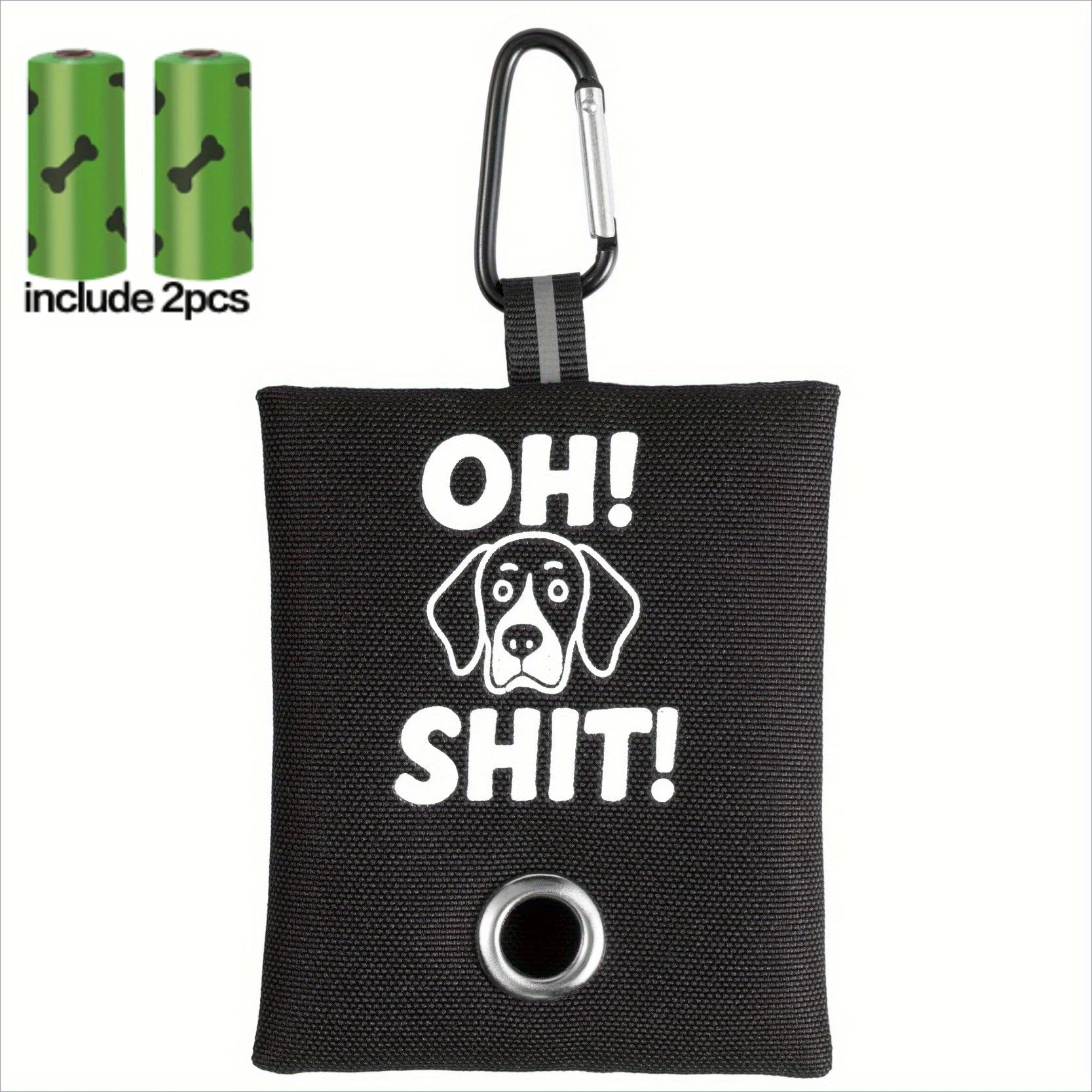 1pc Funny Dog Poop Bag Holder With 2 Bags OH SHIT Design Metal Clip Leash Waste Dispenser Hands Free Durable Oxford Fabric