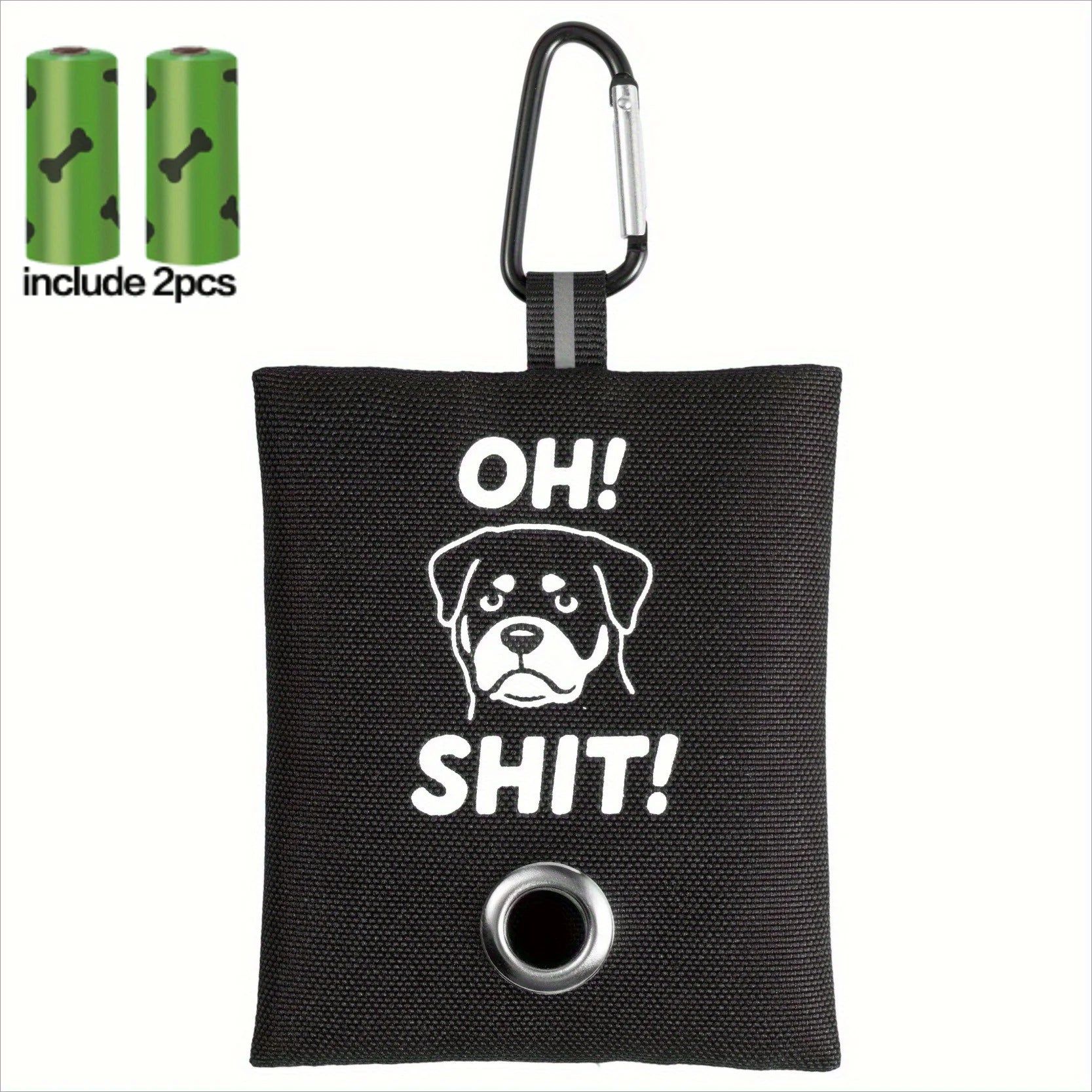 1pc Funny Dog Poop Bag Holder With 2 Bags OH SHIT Design Metal Clip Leash Waste Dispenser Hands Free Durable Oxford Fabric