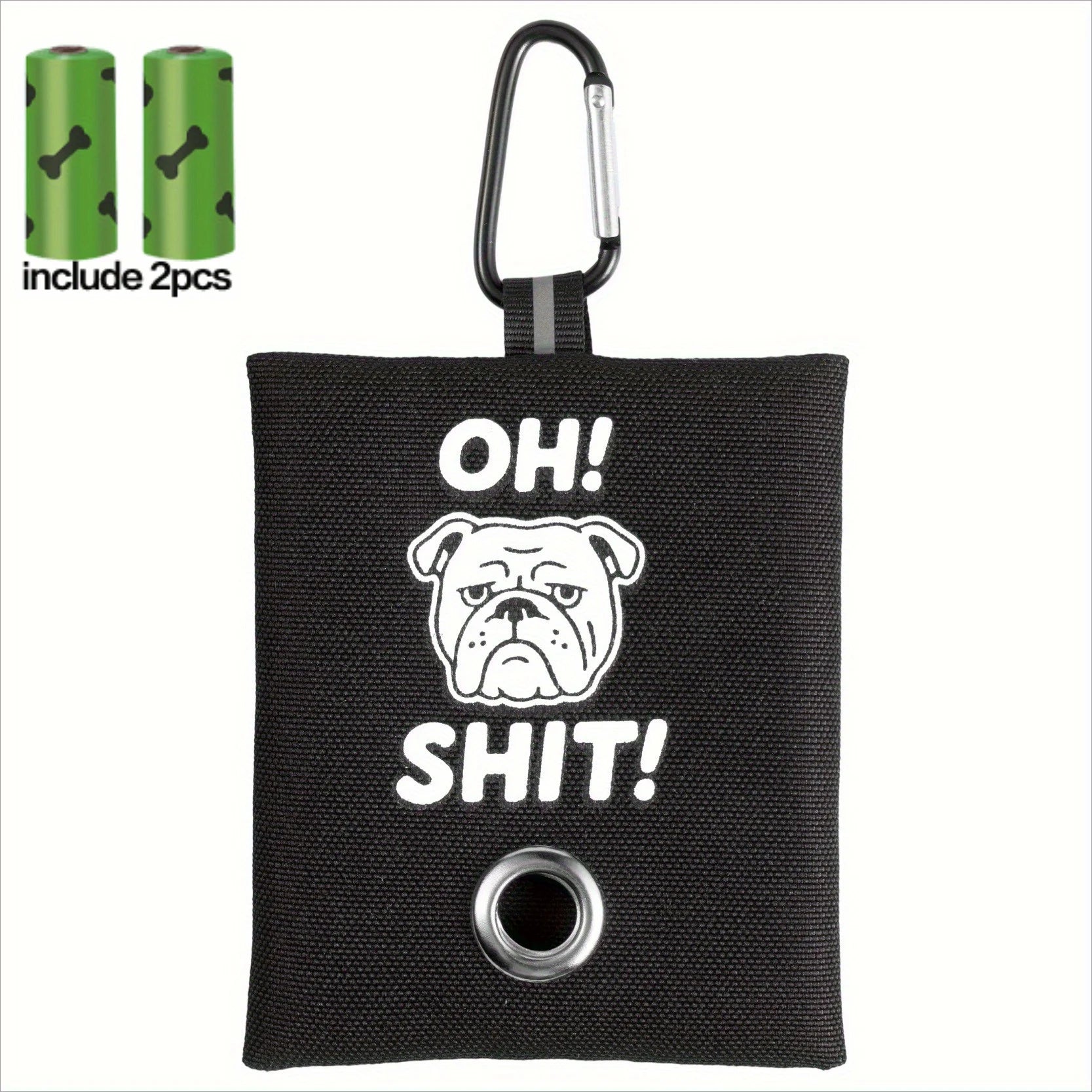 1pc Funny Dog Poop Bag Holder With 2 Bags OH SHIT Design Metal Clip Leash Waste Dispenser Hands Free Durable Oxford Fabric