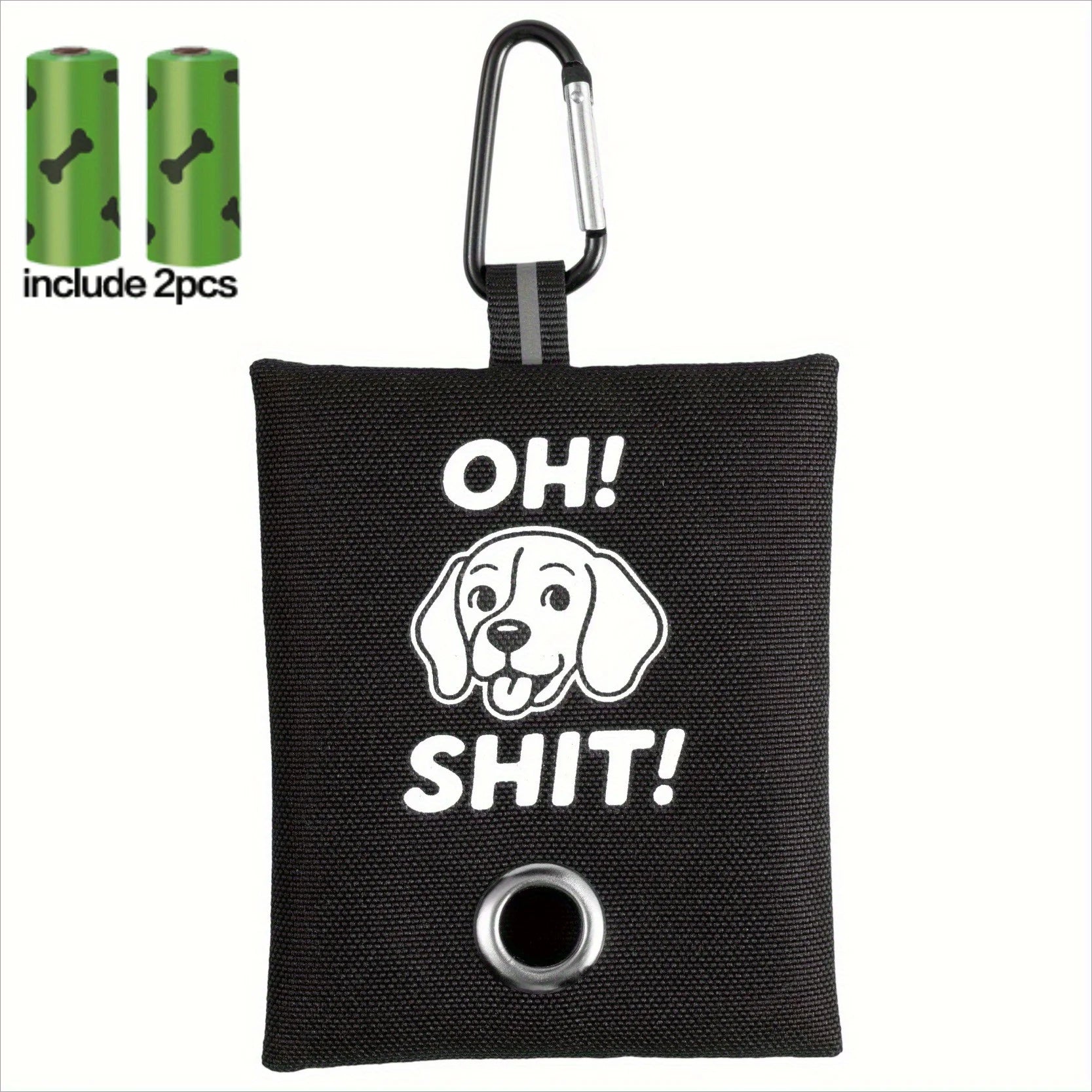 1pc Funny Dog Poop Bag Holder With 2 Bags OH SHIT Design Metal Clip Leash Waste Dispenser Hands Free Durable Oxford Fabric