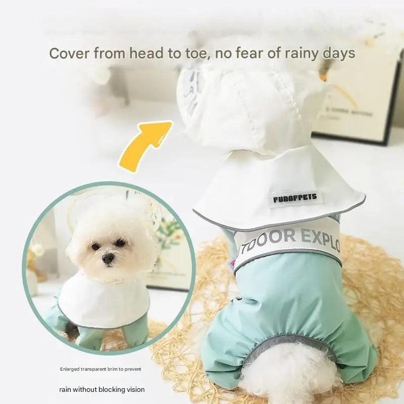 Dog Raincoat Waterproof Full Coverage Reflective, 4-Leg Design with Leash Hole. Sizes XS-XL for Small Dogs 2-15kg. Outdoor Use